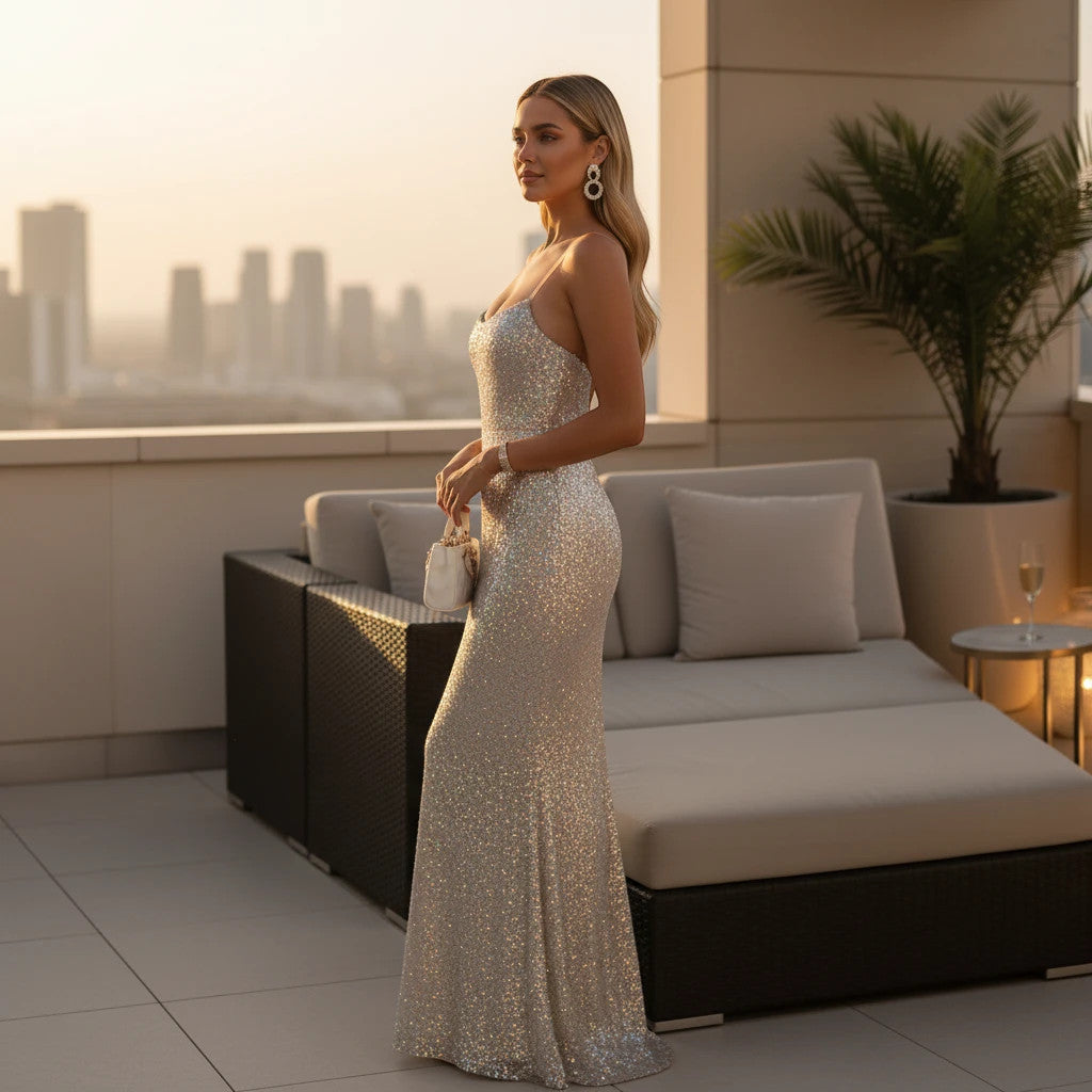ZOFIA ATELIER shiny silver sequin camisole maxi dress with a flattering hip-skirt cut.