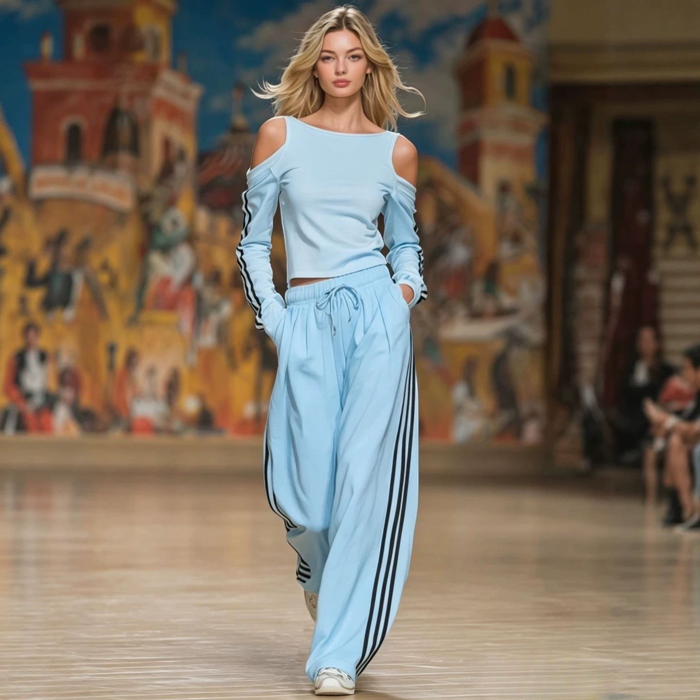 ZOFIA ATELIER sky blue off-shoulder polyester long sleeve top and wide leg pants set with black stripes.