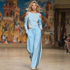 ZOFIA ATELIER sky blue off-shoulder polyester long sleeve top and wide leg pants set with black stripes.