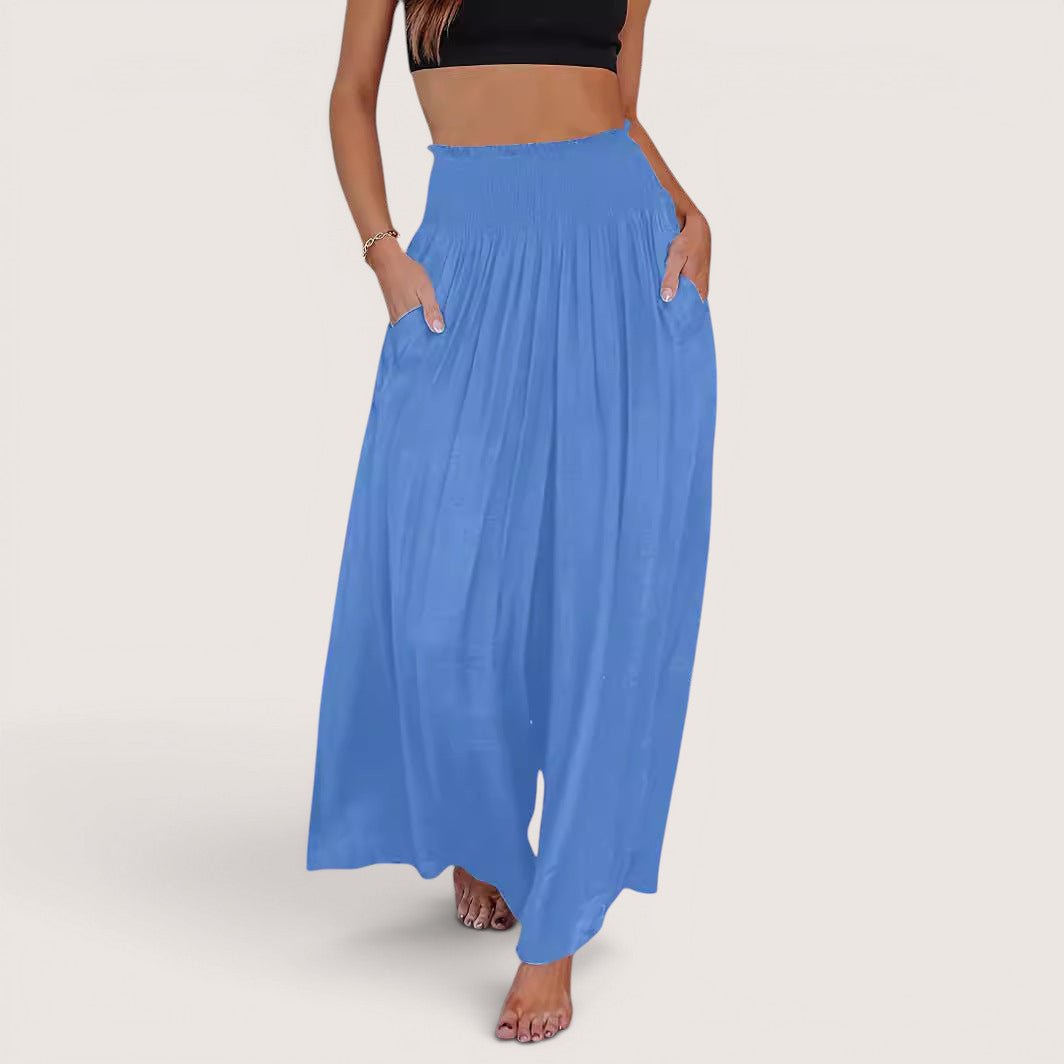 ZOFIA ATELIER sky blue polyester casual smocking trousers with elastic waist and pockets