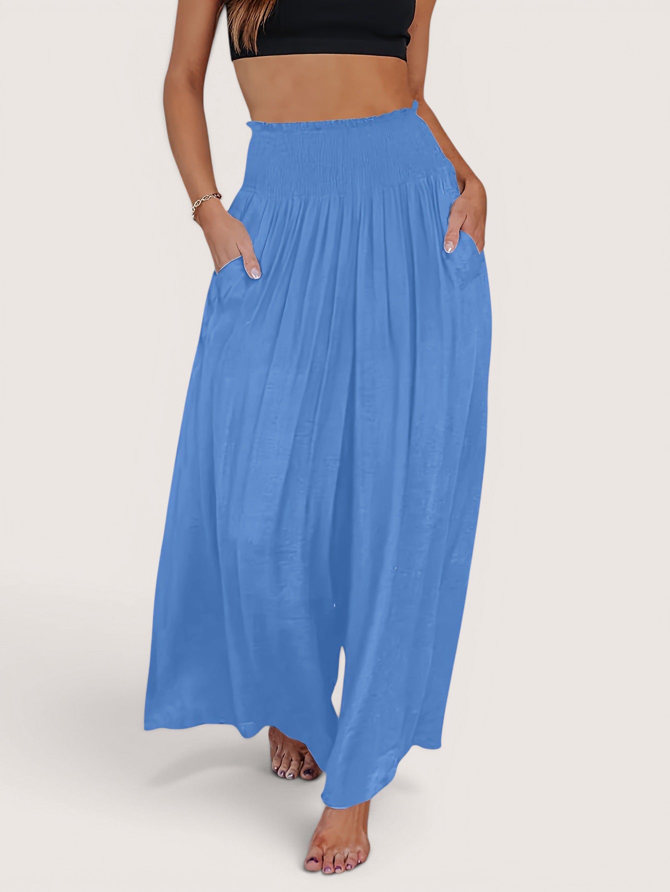 ZOFIA ATELIER sky blue polyester casual smocking trousers with elastic waist and pockets