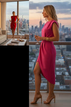 ZOFIA ATELIER sleeveless asymmetric pink polyester dress with draped skirt and shoulder pads