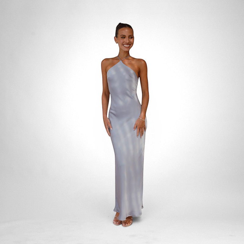 ZOFIA ATELIER cloud blue sleeveless backless polyester maxi dress with a slim fit.