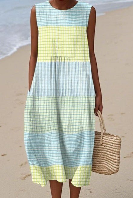 ZOFIA ATELIER sleeveless midi dress with pastel blue and yellow plaid pattern, made of flat mop cloth.