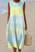 ZOFIA ATELIER sleeveless midi dress with pastel blue and yellow plaid pattern, made of flat mop cloth.