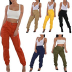 ZOFIA ATELIER women's slim-fit high-waisted cargo overalls in orange, khaki, yellow, black, navy, and olive green.