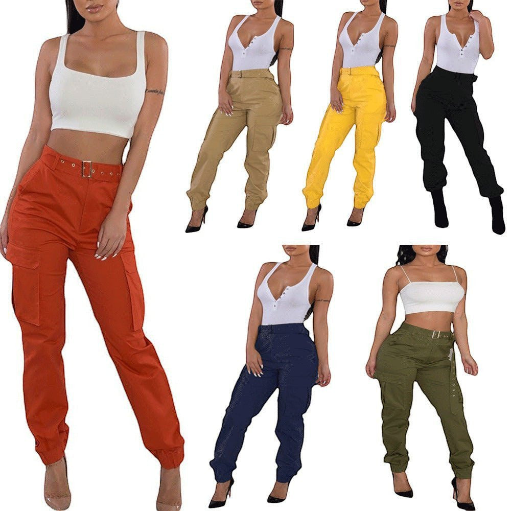 ZOFIA ATELIER women's slim-fit high-waisted cargo overalls in orange, khaki, yellow, black, navy, and olive green.