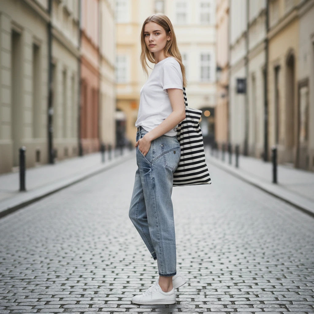 ZOFIA ATELIER light wash slim stretch cotton jeans worn by a model on a cobblestone street.