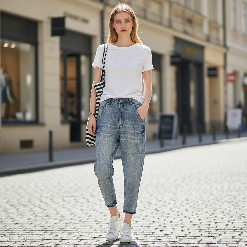 ZOFIA ATELIER light wash slim stretch jeans on a woman standing on a cobblestone street.