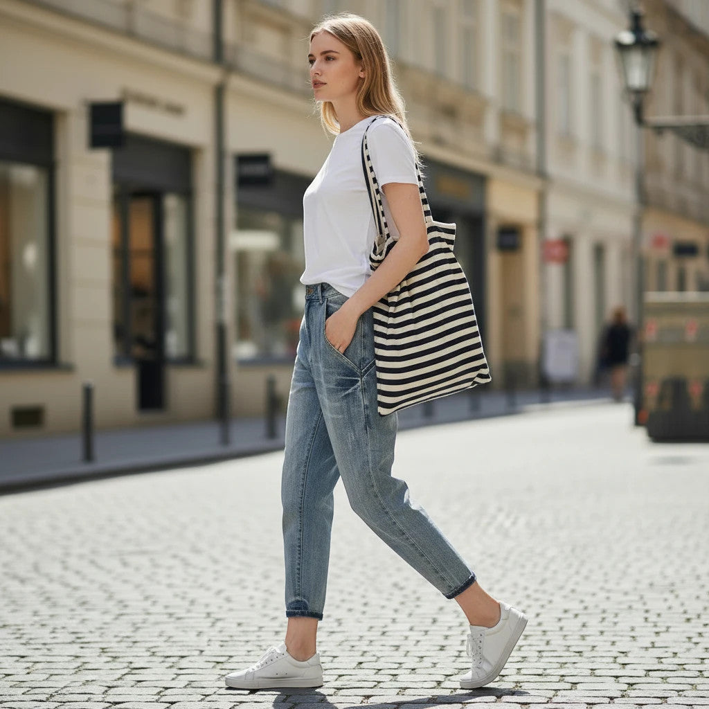 ZOFIA ATELIER light wash slim stretch cotton jeans worn by a woman walking on a cobblestone street.