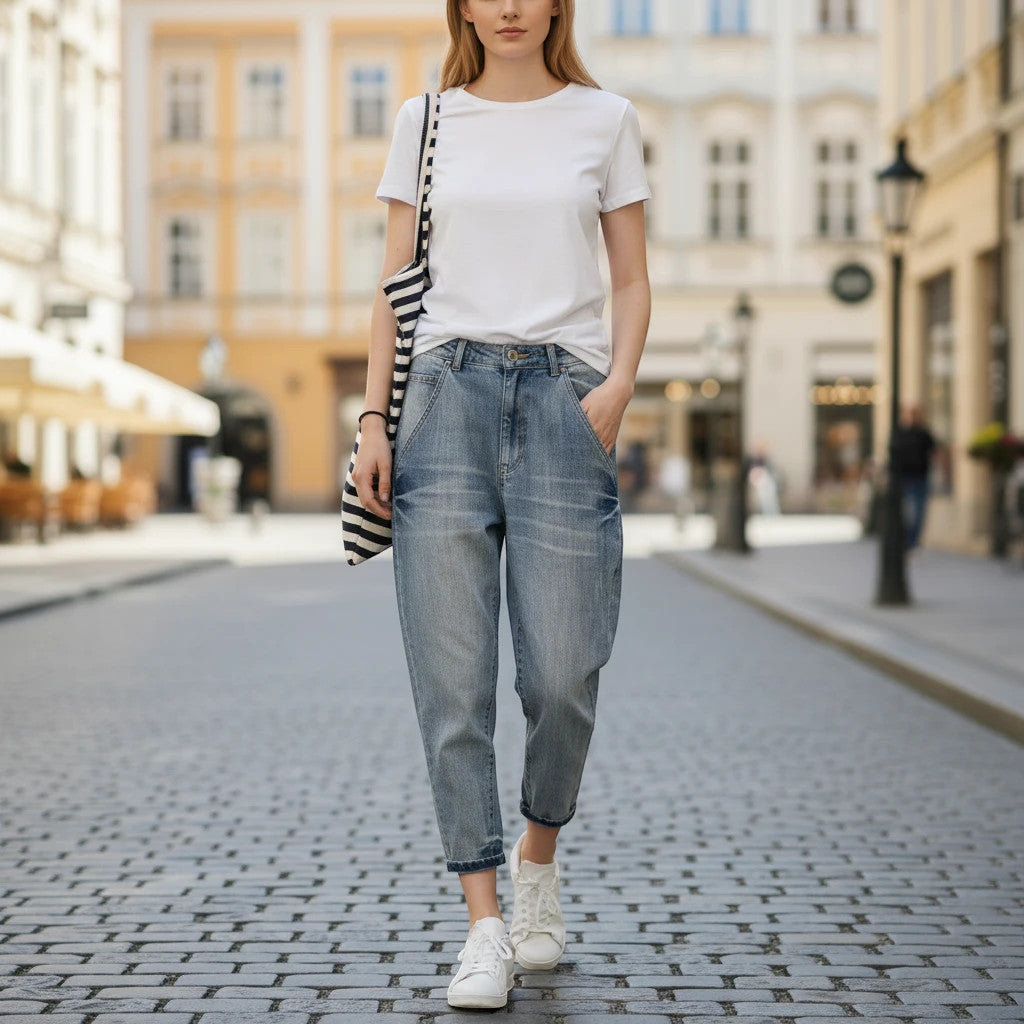 ZOFIA ATELIER light wash slim stretch cotton jeans with a tapered leg and cuffed hem, worn by a woman on a cobblestone street.
