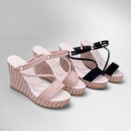 ZOFIA ATELIER Liliana slope heel sandals in black and beige suede with platform wedge sole and ankle straps.