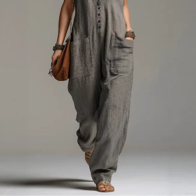 ZOFIA ATELIER SOFIA grey polyester lace accent sleeveless straight fit jumpsuit with pockets.