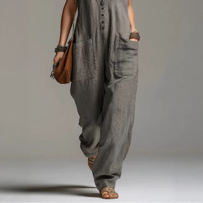 ZOFIA ATELIER SOFIA grey polyester lace accent sleeveless straight fit jumpsuit with pockets.