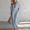 ZOFIA ATELIER SOFIA off-shoulder maxi dress in blue and white stripes, made of polyester, with short sleeves and pockets.