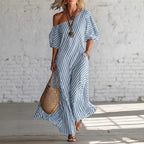 ZOFIA ATELIER SOFIA off-shoulder maxi dress in blue and white stripes, made of polyester, with short sleeves and pockets.