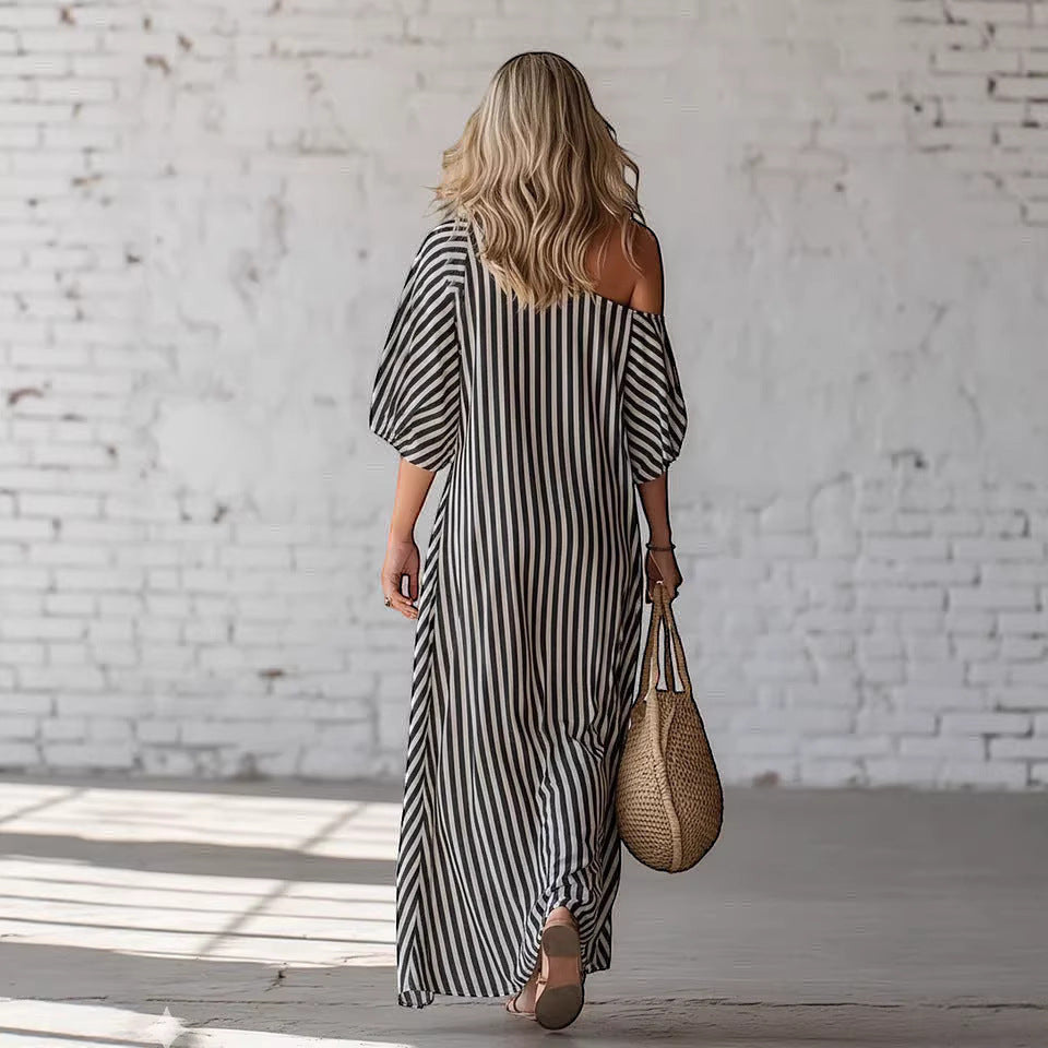 ZOFIA ATELIER SOFIA off-shoulder maxi dress in black and white vertical stripes, made of polyester.