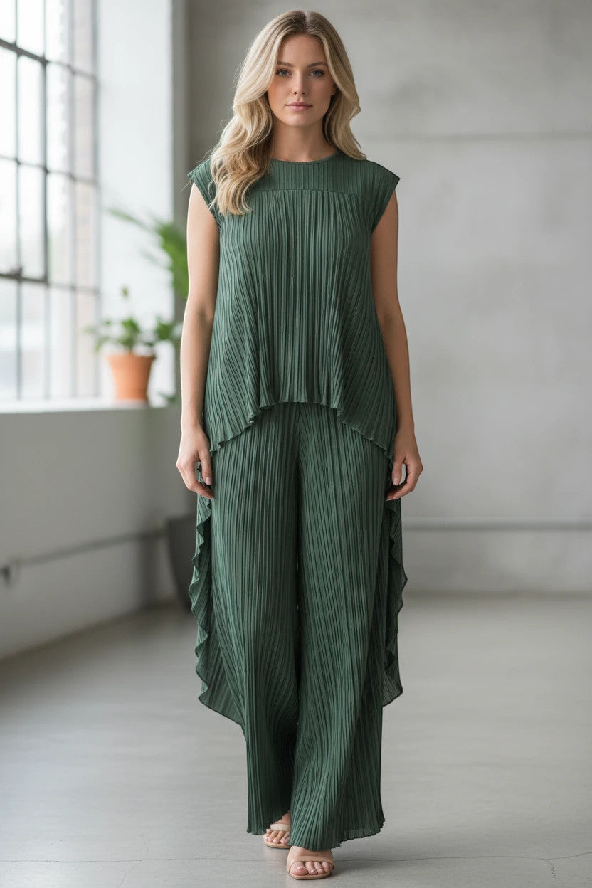 ZOFIA ATELIER SOFIA pleated short sleeve suit in olive green polyester with flowing silhouette and wide leg pants.