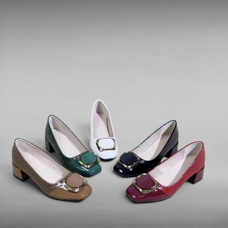 ZOFIA ATELIER square toe chunky heels in black, burgundy, dark brown, dark green, and white with synthetic leather.