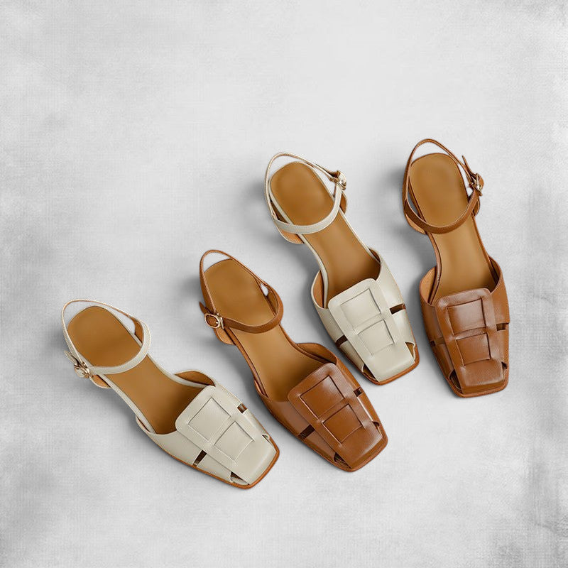 ZOFIA ATELIER beige and brown woven square toe mid-heel leather sandals