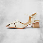 ZOFIA ATELIER cream leather square toe mid-heel sandals with ankle strap and woven detail