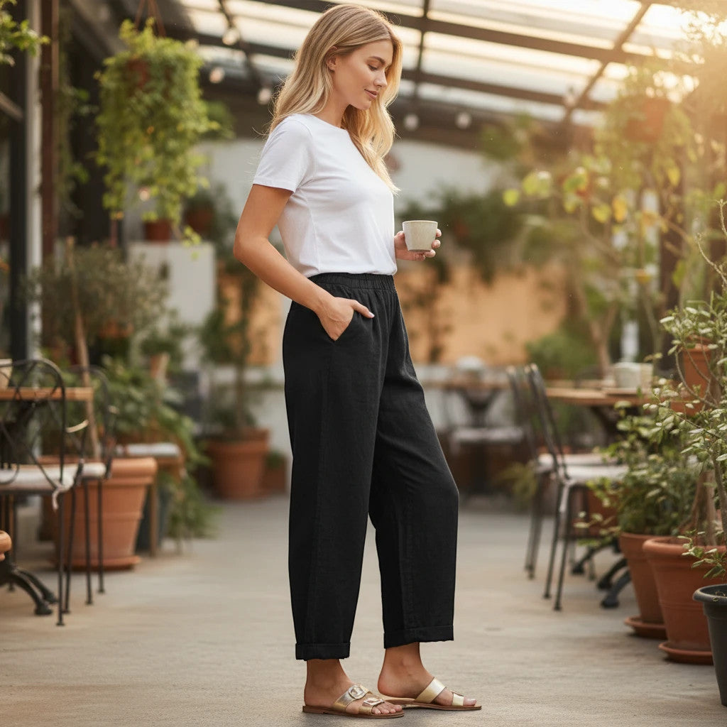 ZOFIA ATELIER STANISŁAWA black cotton-linen wide-leg pants with a relaxed fit and mid-rise waist.