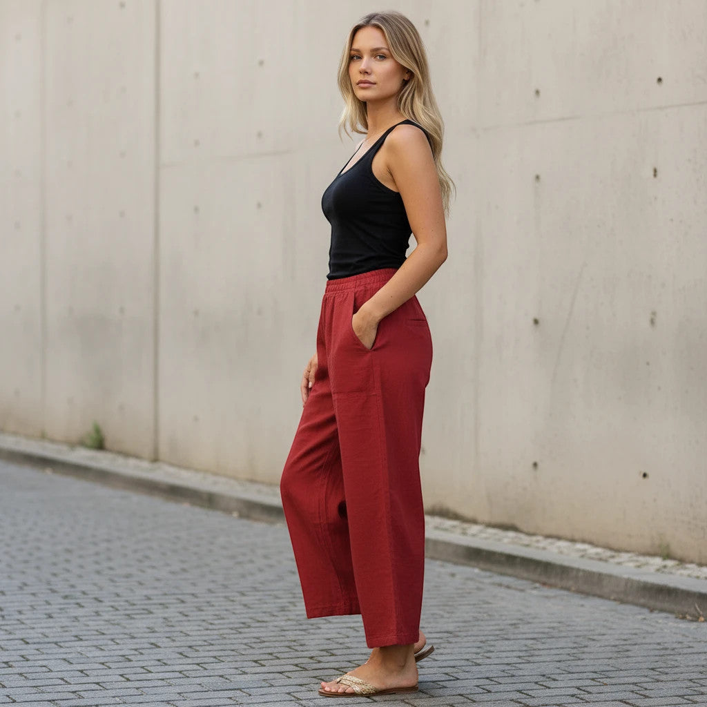ZOFIA ATELIER STANISŁAWA red cotton-linen wide-leg pants with mid-rise waist and relaxed fit.