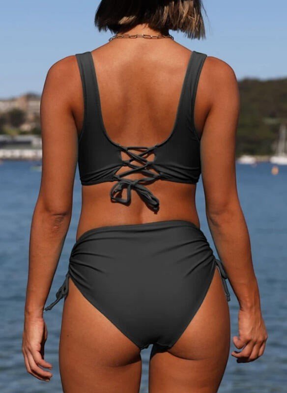 ZOFIA ATELIER Sylwia strappy dark grey bikini with lace-up back and ruched sides. High-waisted bottoms.