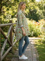 ZOFIA ATELIER light green long sleeve shirt with a vintage strawberry and floral print, made of spandex.