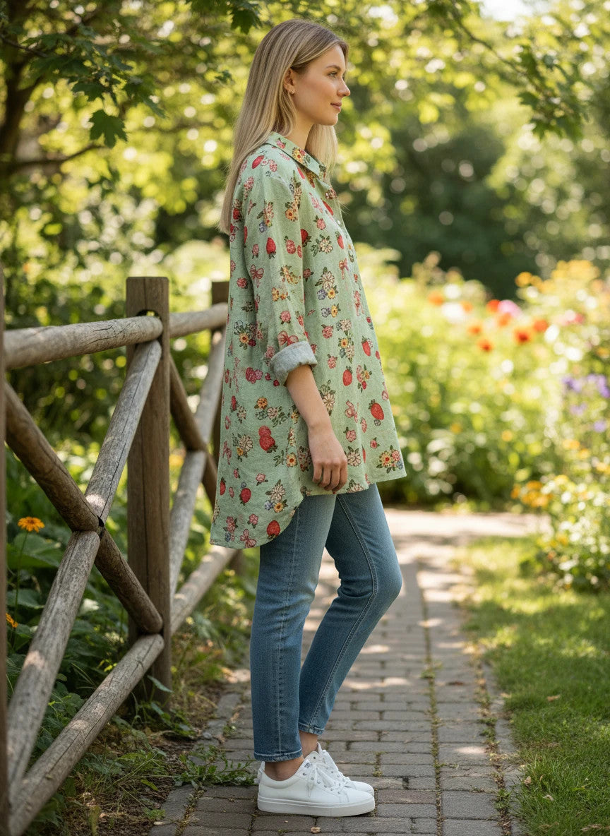 ZOFIA ATELIER light green long sleeve shirt with a vintage strawberry and floral print, made of spandex.