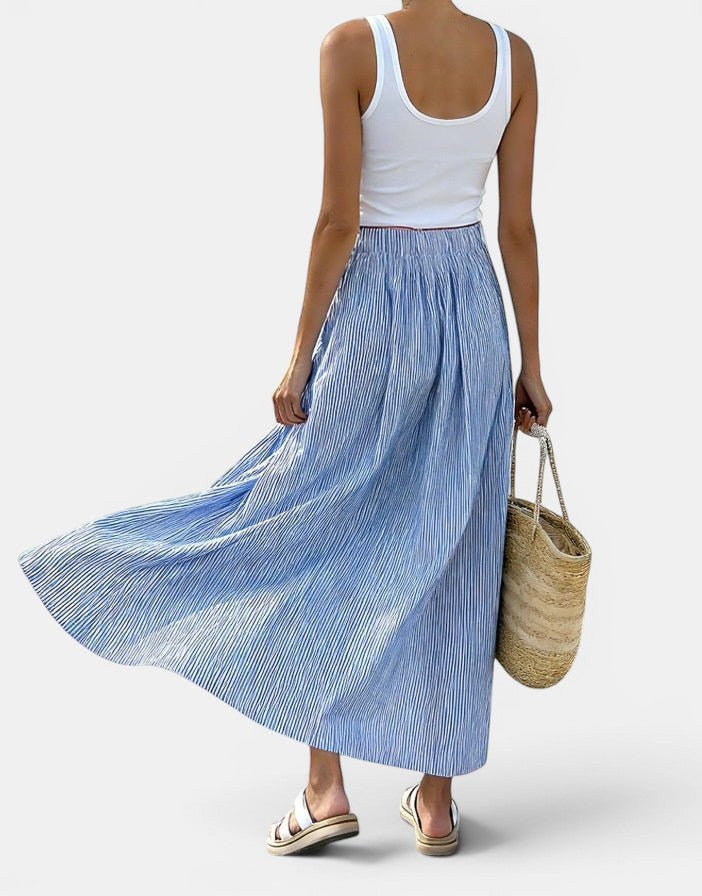ZOFIA ATELIER blue and white striped ankle-length polyester skirt with patchwork detail.