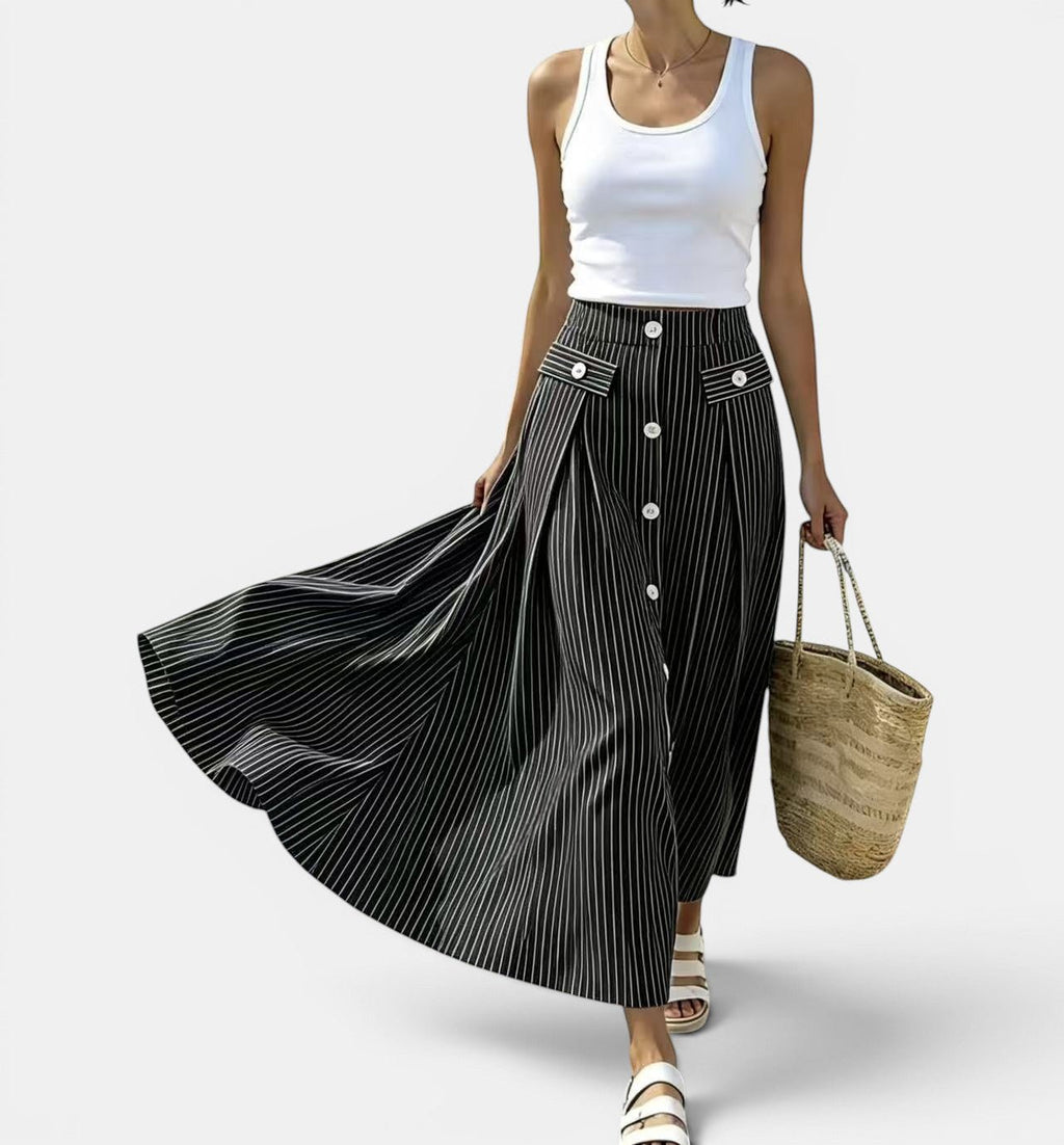 ZOFIA ATELIER black and white striped ankle-length polyester skirt with button front and patchwork pockets.
