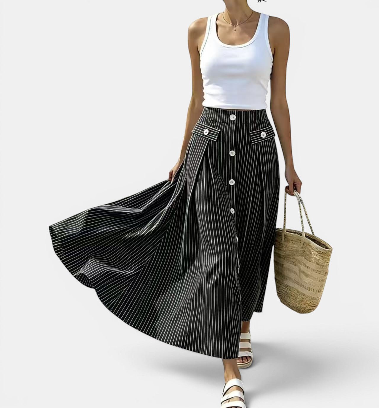 ZOFIA ATELIER black and white striped ankle-length polyester skirt with button front and patchwork pockets.