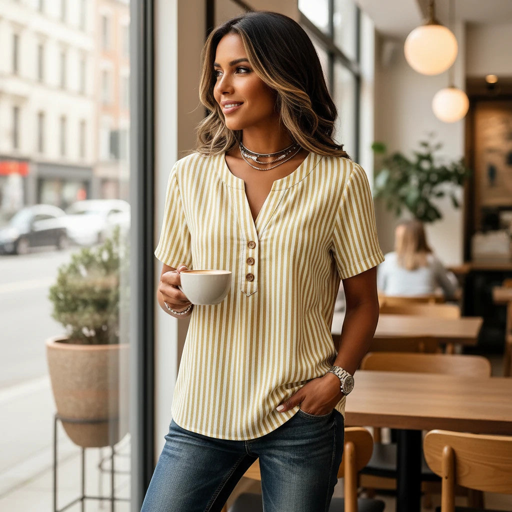 ZOFIA ATELIER BEATA yellow and white striped short sleeve polyester fashion shirt with button detail