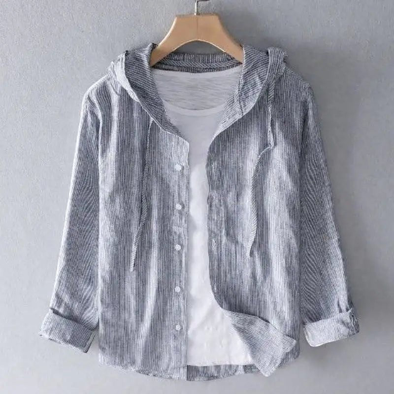 ZOFIA ATELIER grey and white striped linen blend hooded blouse with white t-shirt underneath.