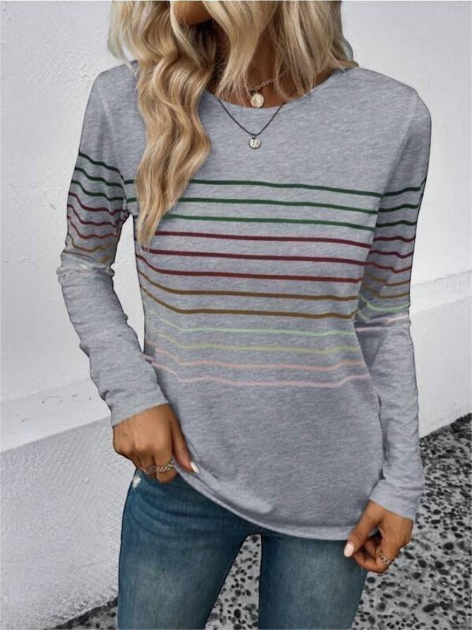 ZOFIA ATELIER grey cotton polyester blend long sleeve pullover with multi-coloured horizontal stripes and round neckline.