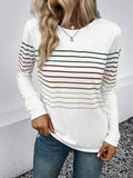 ZOFIA ATELIER white long sleeve pullover with horizontal stripes in green, burgundy, brown, and pastel colours. Cotton blend.
