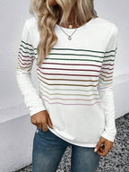 ZOFIA ATELIER white long sleeve pullover with horizontal stripes in green, burgundy, brown, and pastel colours. Cotton blend.