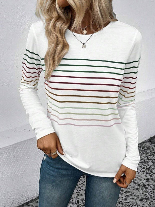 ZOFIA ATELIER white long sleeve pullover with horizontal stripes in green, burgundy, brown, and pastel colours. Cotton blend.