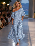 ZOFIA ATELIER blue and white striped off-shoulder maxi dress with short sleeves and flowing polyester fabric.