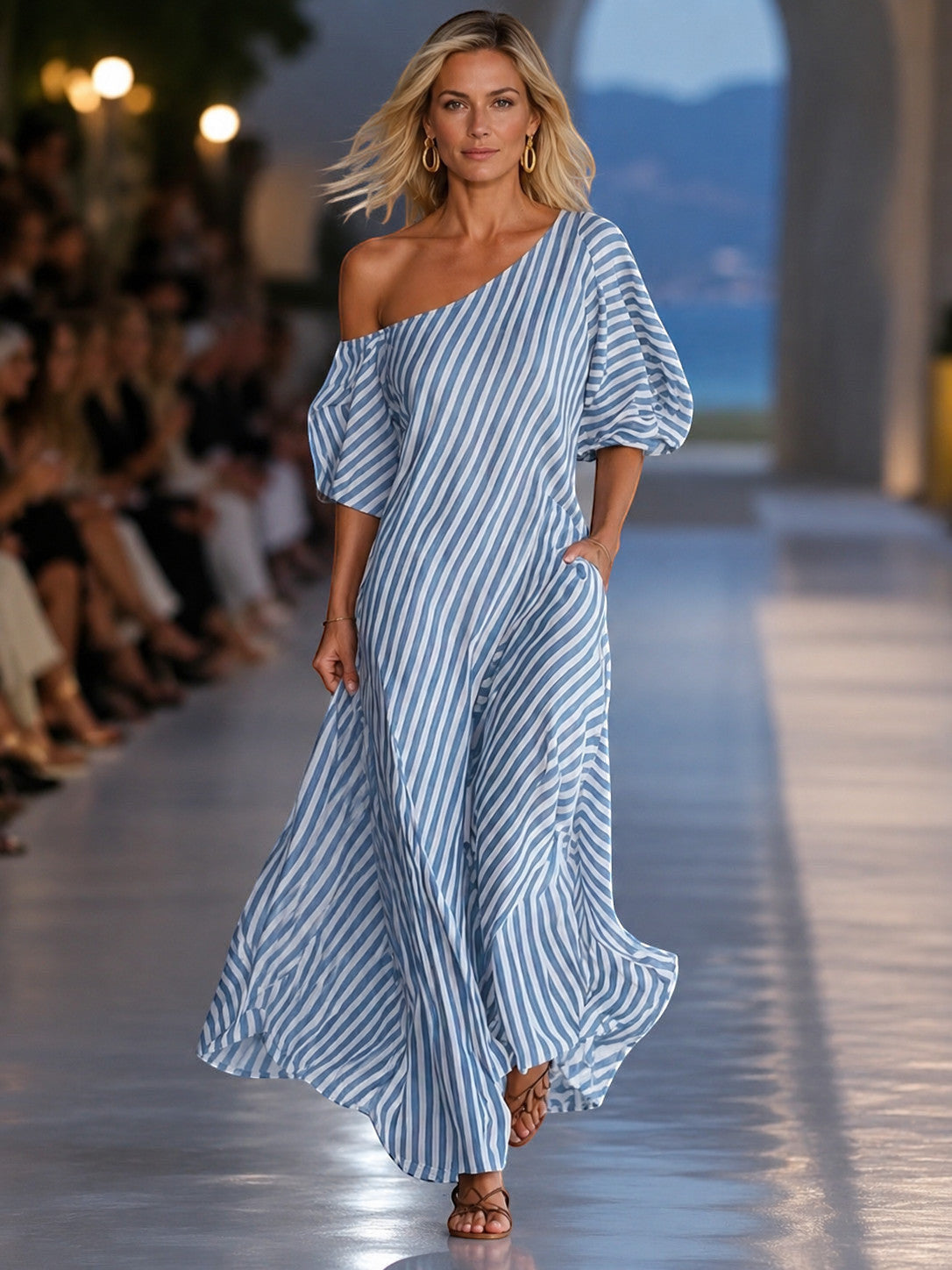 ZOFIA ATELIER blue and white striped off-shoulder maxi dress with short sleeves and flowing polyester fabric.