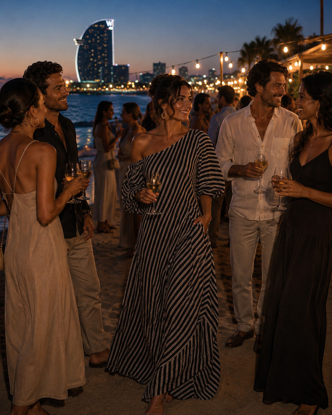 ZOFIA ATELIER black and white striped off-shoulder maxi dress with short sleeves and a flowing silhouette, worn by a woman at a beach party.