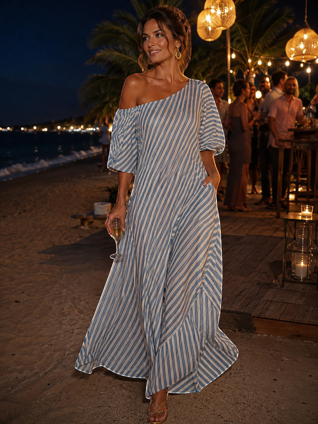 ZOFIA ATELIER blue and white striped off-shoulder maxi dress made of polyester with short sleeves and pockets.