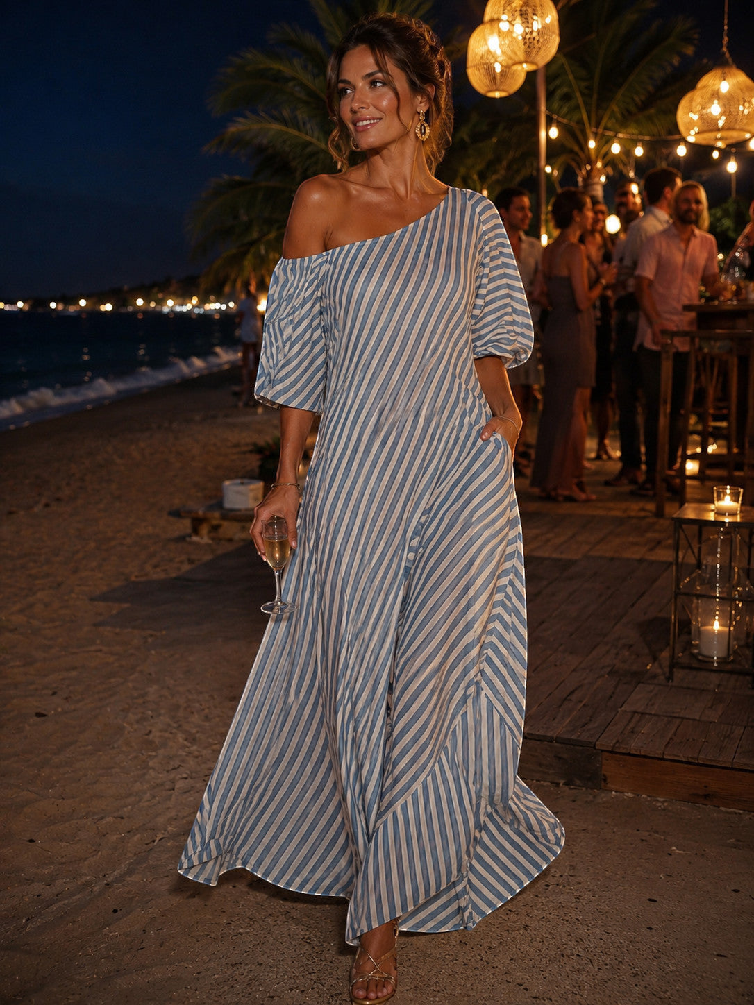 ZOFIA ATELIER blue and white striped off-shoulder maxi dress made of polyester, with short sleeves and a flowing silhouette.