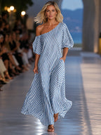 ZOFIA ATELIER blue and white striped off-shoulder maxi dress made of polyester with short sleeves and a flowing skirt.