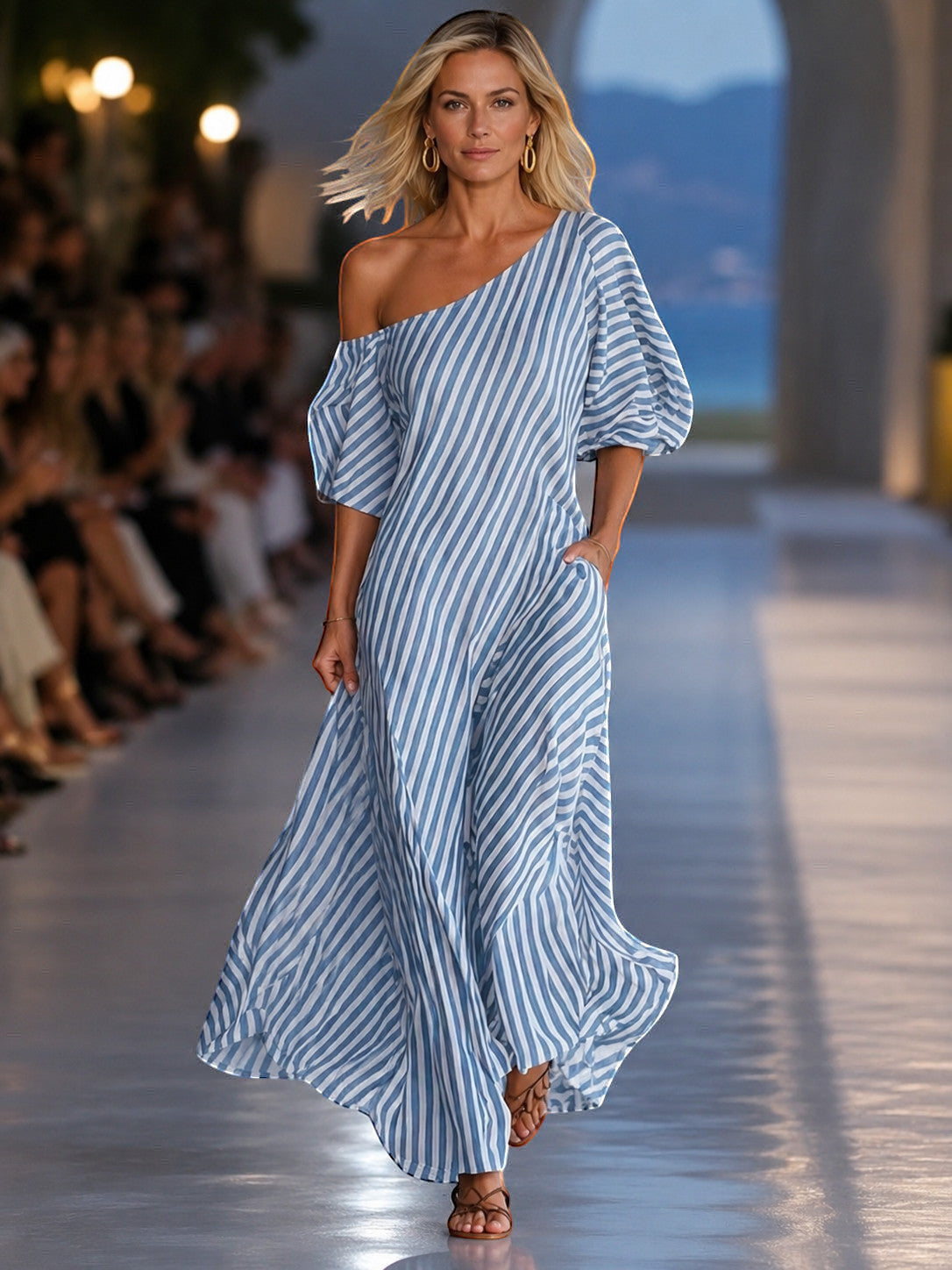 ZOFIA ATELIER blue and white striped off-shoulder maxi dress made of polyester with short sleeves and a flowing skirt.