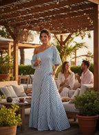 ZOFIA ATELIER blue and white striped off-shoulder maxi dress made of polyester with short sleeves and a flowing skirt.
