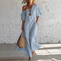 ZOFIA ATELIER blue and white striped off-shoulder maxi dress made of polyester with short sleeves and pockets.