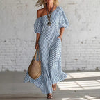 ZOFIA ATELIER blue and white striped off-shoulder maxi dress made of polyester with short sleeves and pockets.