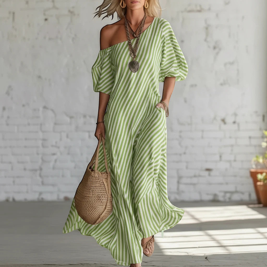 ZOFIA ATELIER green and white striped off-shoulder maxi dress made of polyester with short sleeves and pockets.